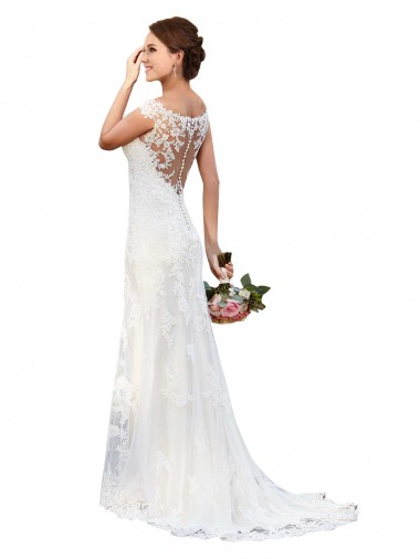 Outlet Illusion Bateau Neckline Fit and Flare Lace Wedding Dress UK