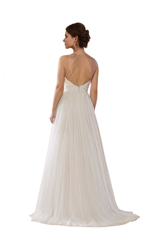 Outlet Illusion Halter Lace Boho Wedding Dress with Plunging Sweetheart Bodice UK