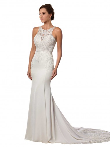 Outlet Modern Deep V-Neck Sheath Lace Wedding Dress with Open V-Back UK