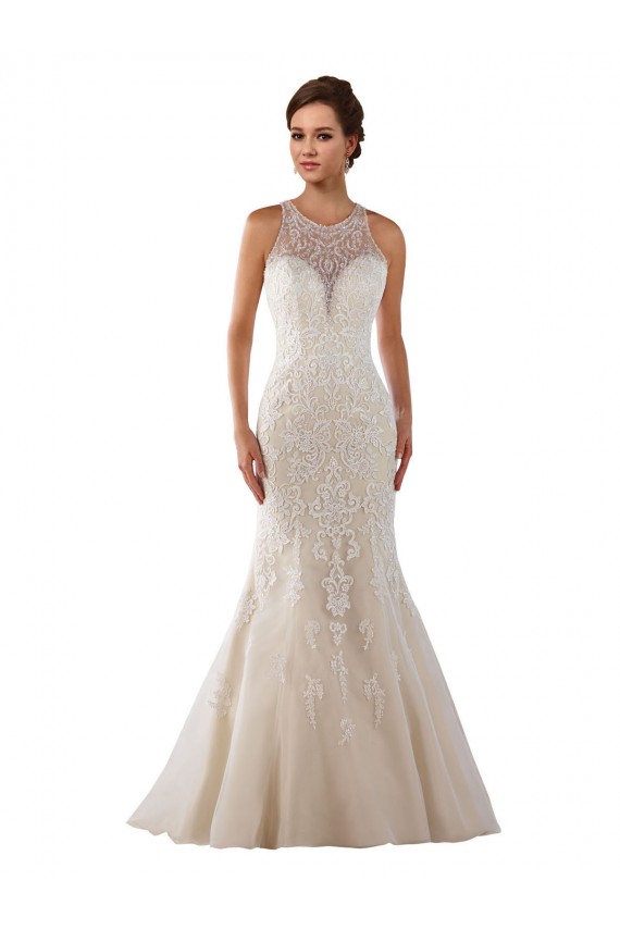 Outlet High Neck Mermaid Lace Wedding Dress with Illusion Back UK