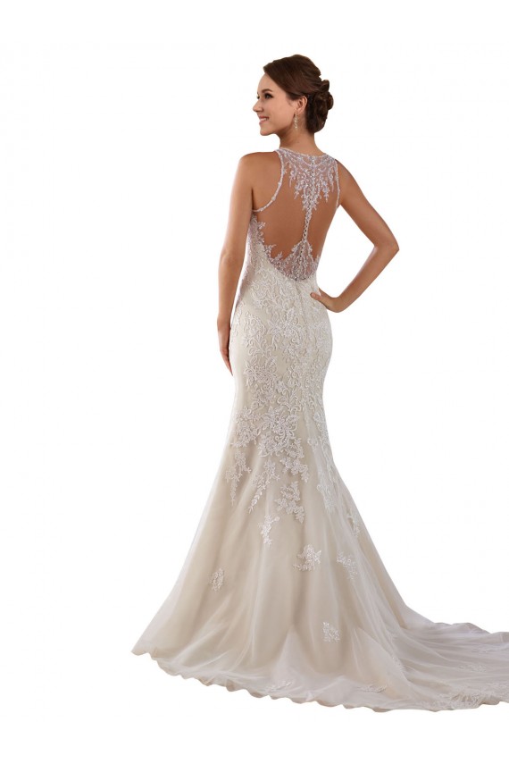 Outlet High Neck Mermaid Lace Wedding Dress with Illusion Back UK