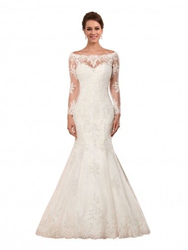 Outlet Long Sleeves Mermaid Lace Wedding Dress with Illusion Back UK