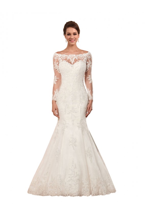 Outlet Long Sleeves Mermaid Lace Wedding Dress with Illusion Back UK