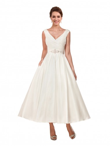 Outlet V-Neck A-Line Short Ankle Length Satin Wedding Dress UK