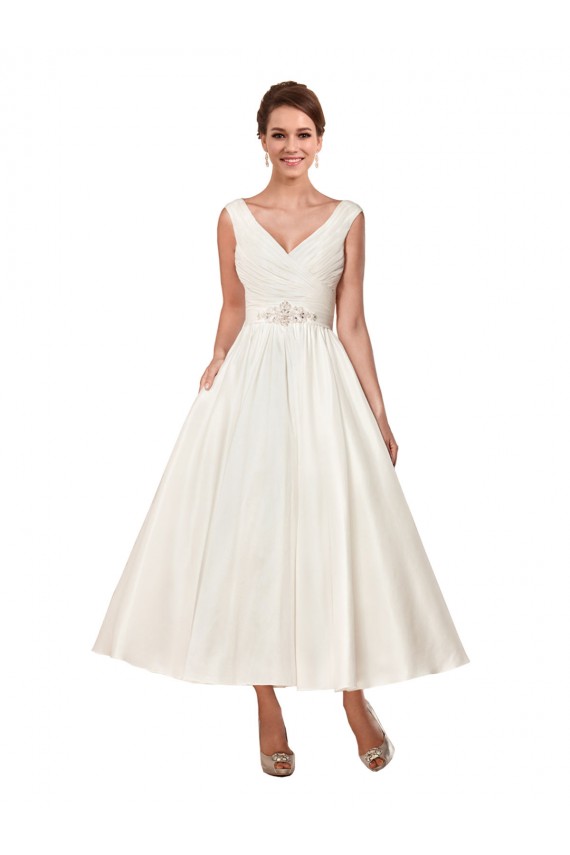 Outlet V-Neck A-Line Short Ankle Length Satin Wedding Dress UK