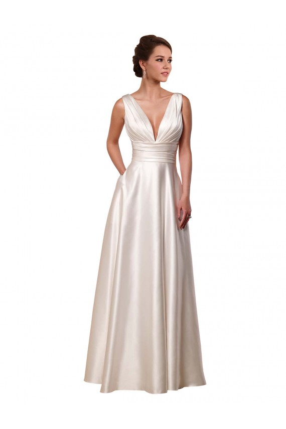 Outlet Deep V-Neck A-Line Satin Wedding Dress with Pockets UK