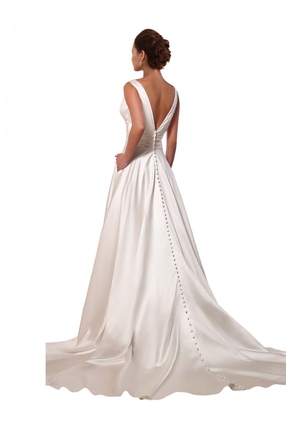 Outlet Deep V-Neck A-Line Satin Wedding Dress with Pockets UK