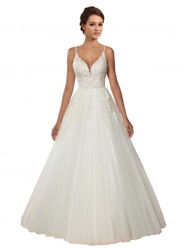 Outlet Modern Spaghetti Straps Ball Gown Tulle Wedding Dress with Lace Bodice UK