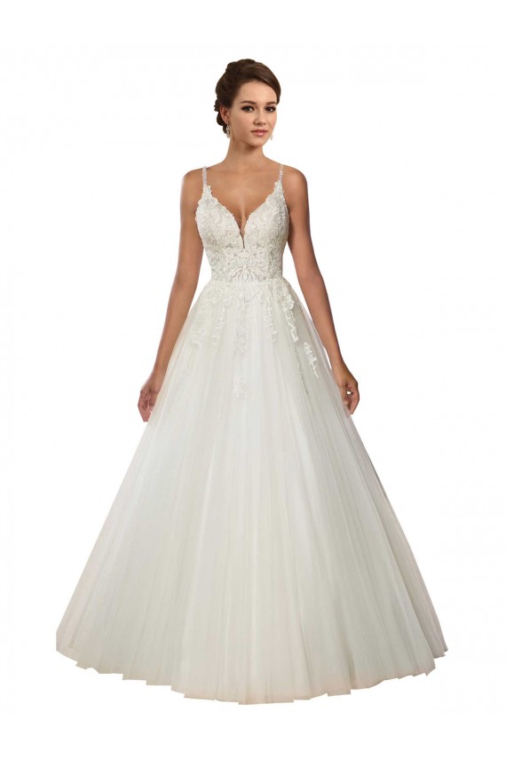 Outlet Modern Spaghetti Straps Ball Gown Tulle Wedding Dress with Lace Bodice UK
