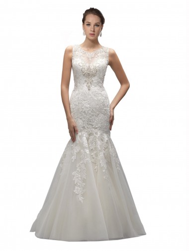 Outlet Illusion High Neck Mermaid Lace Wedding Dress UK
