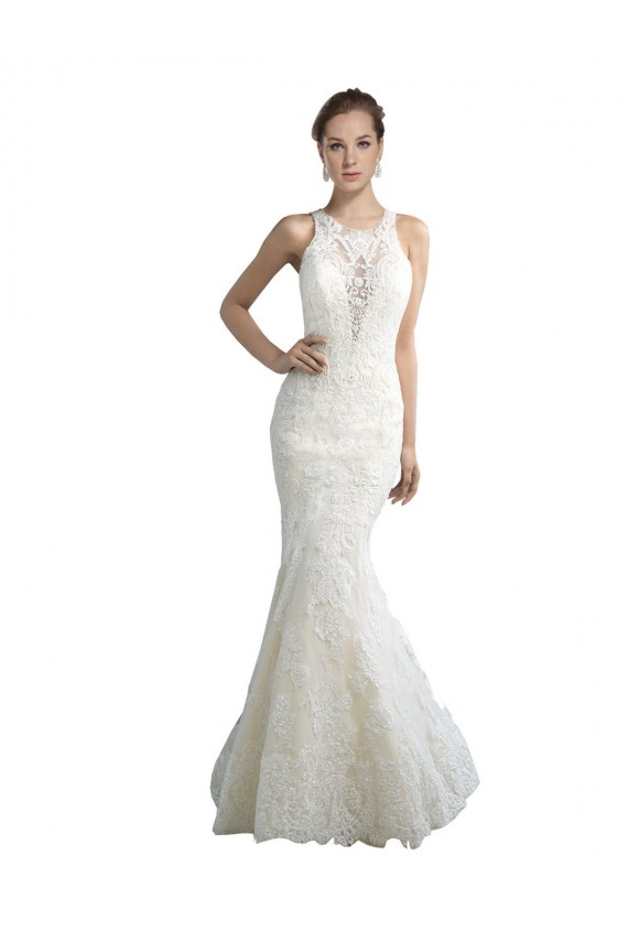 Outlet Deep Illusion Neck Mermaid Tulle Beach Wedding Dress with All Over Lace UK