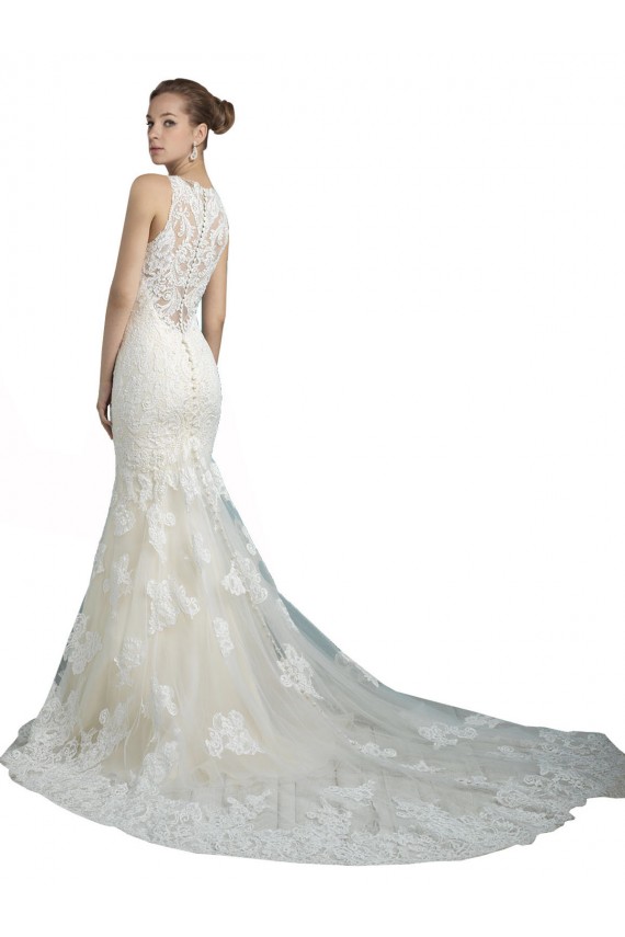 Outlet Deep Illusion Neck Mermaid Tulle Beach Wedding Dress with All Over Lace UK