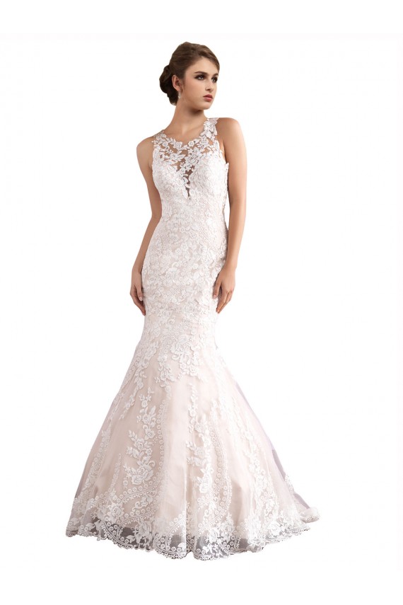 Outlet Illusion Neck Fit and Flare Tulle Wedding Dress with All Over Lace UK