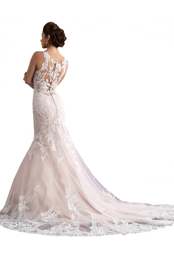Outlet Illusion Neck Fit and Flare Tulle Wedding Dress with All Over Lace UK