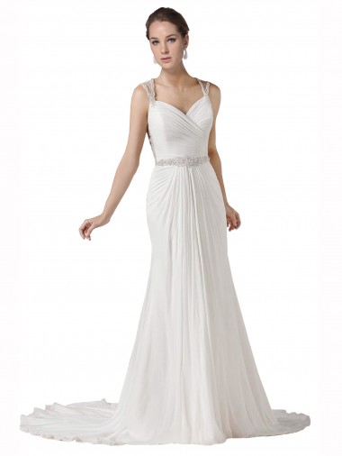 Outlet Sweetheart Sheath Chiffon Beach Wedding Dress with Beaded Belts UK