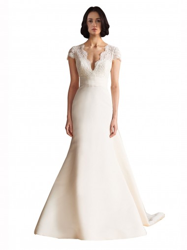 Outlet V-Neck Lace Bodice A-Line Satin Wedding Dress with Keyhole Back UK