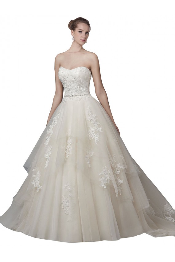 Outlet Strapless Ball Gown Tulle Wedding Dress with Lace Appliques UK