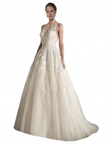 Outlet Illusion Neck A-Line Tulle Wedding Dress UK