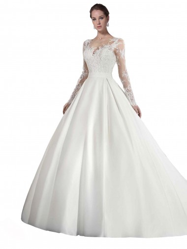 Outlet Long Sleeves Illusion Neck A-Line Satin Wedding Dress with Lace Bodice UK