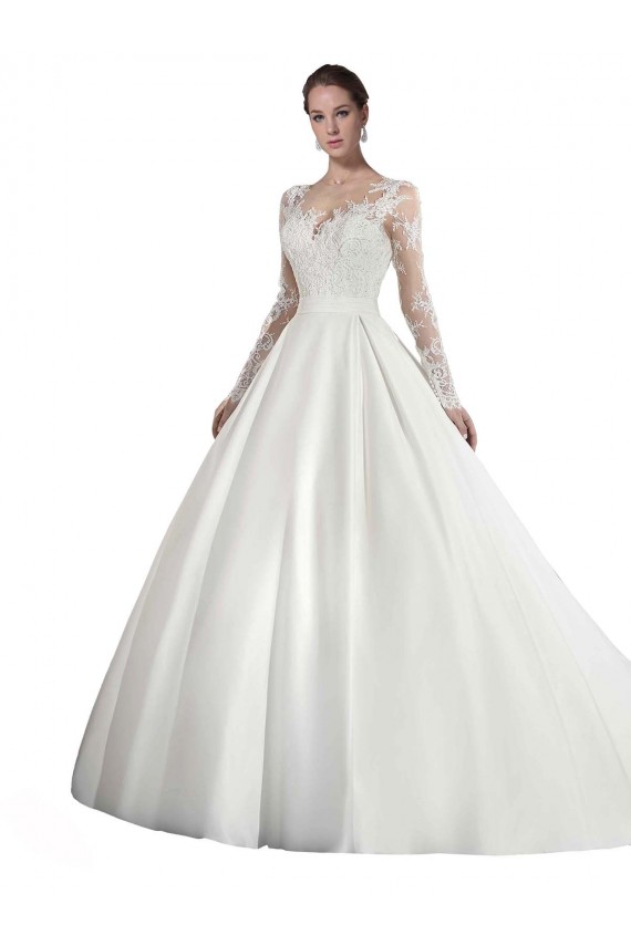 Outlet Long Sleeves Illusion Neck A-Line Satin Wedding Dress with Lace Bodice UK