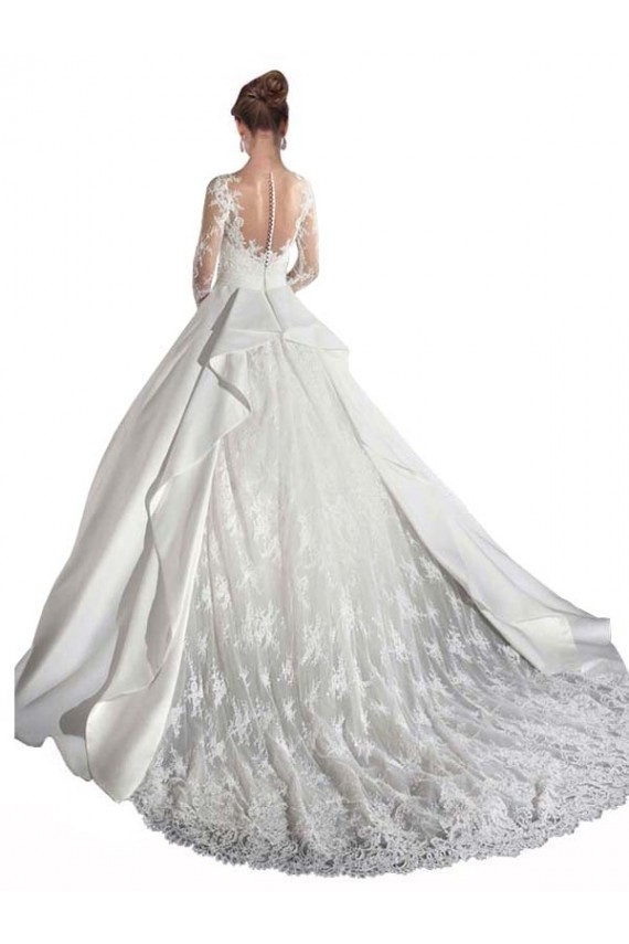 Outlet Long Sleeves Illusion Neck A-Line Satin Wedding Dress with Lace Bodice UK