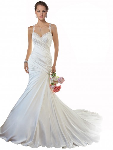Outlet Sweetheart Mermaid Satin Beach Wedding Dress with Illusion Lace Back UK