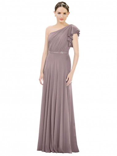 Outlet Full Length One Shoulder Chiffon Bridesmaid Dress with Shoulder Ruffle UK