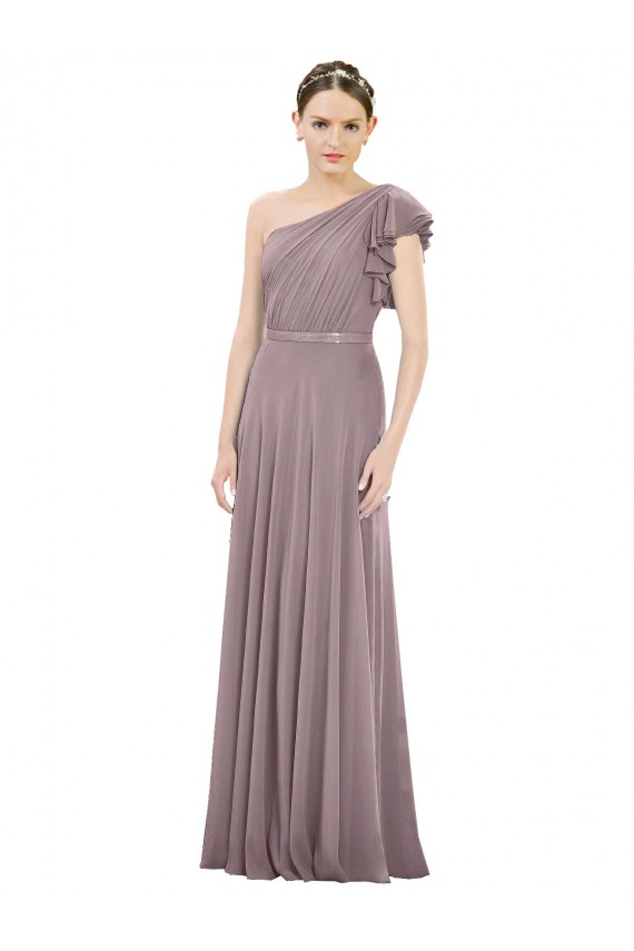 Outlet Full Length One Shoulder Chiffon Bridesmaid Dress with Shoulder Ruffle UK