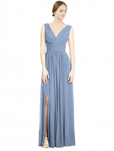 Outlet Sleeveless Draped Chiffon Maxi Bridesmaid Dress with Front Slit UK