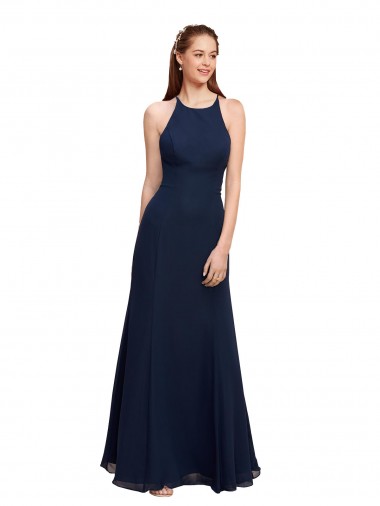 Outlet High Halter Fit and Flare Long Chiffon Bridesmaid Dress / Prom Dress with Criss Cross Low Back UK