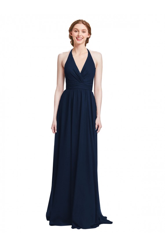 Outlet Halter Chiffon Bridesmaid Dress with V-Neckline and Criss Cross Waist UK