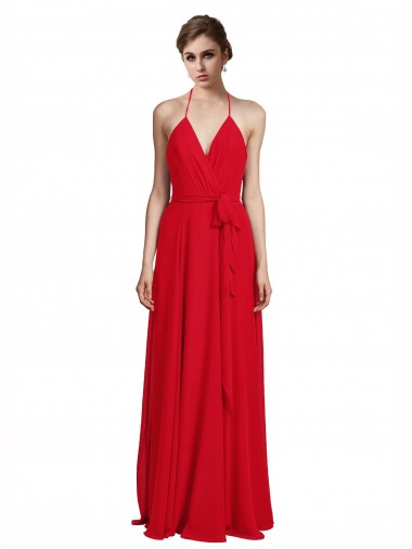 Outlet V-Neck Spaghetti Halter Strap Chiffon Bridesmaid Dress UK