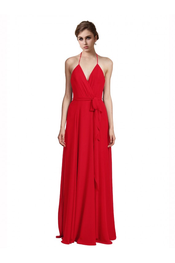 Outlet V-Neck Spaghetti Halter Strap Chiffon Bridesmaid Dress UK