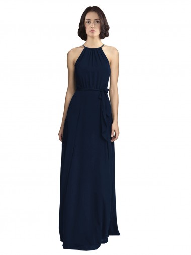 Outlet High Neckline Floor Length Chiffon Bridesmaid Dress with Belt UK