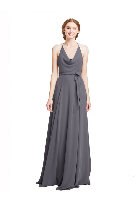 Outlet Spaghetti Strap Long Chiffon Bridesmaids Dress with Halter Cowl Neck UK