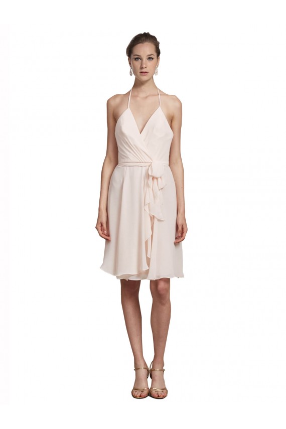 Outlet Short Knee Length Wrap Chiffon Halter Bridesmaids Dress UK