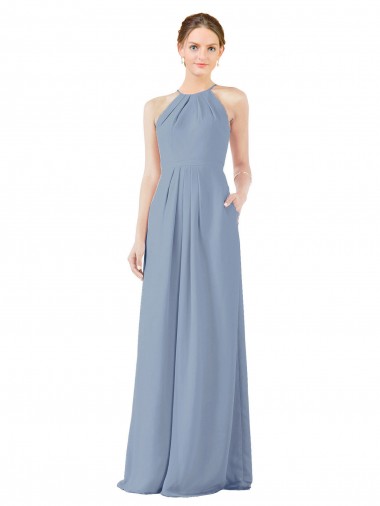 Outlet Fitted Long High Halter Neck Chiffon Bridesmaid Dress with Keyhole Back UK