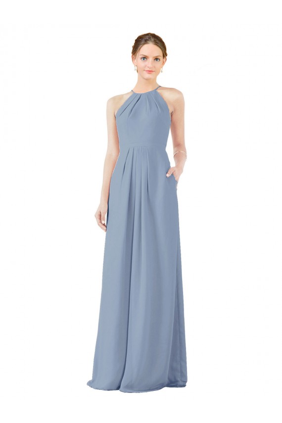 Outlet Fitted Long High Halter Neck Chiffon Bridesmaid Dress with Keyhole Back UK