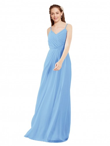 Outlet Pleated Low Back Long V-Neck Chiffon Bridesmaid Dress with Thin Straps UK