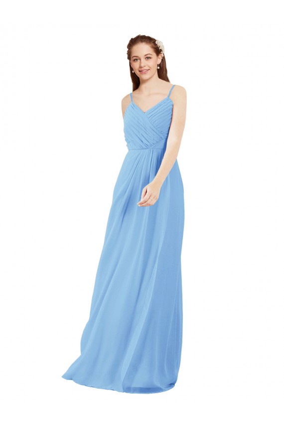 Outlet Pleated Low Back Long V-Neck Chiffon Bridesmaid Dress with Thin Straps UK