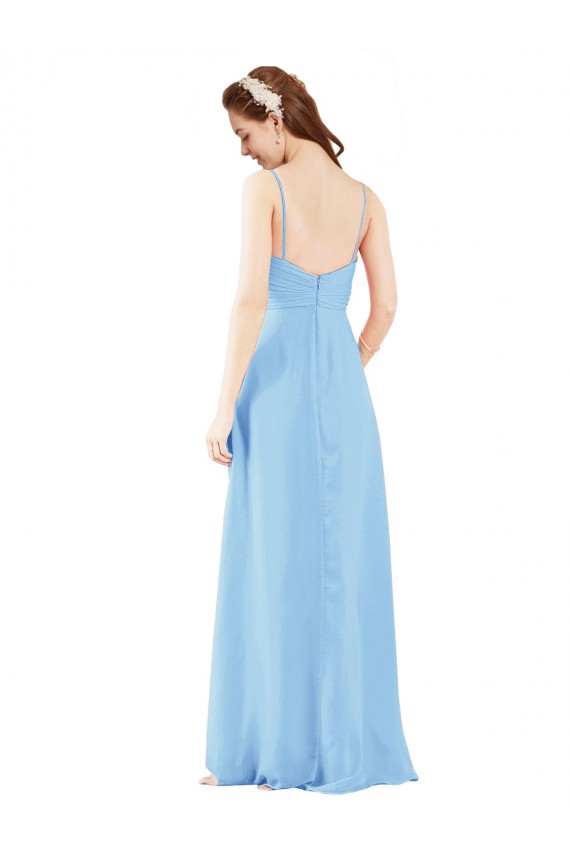 Outlet Pleated Low Back Long V-Neck Chiffon Bridesmaid Dress with Thin Straps UK