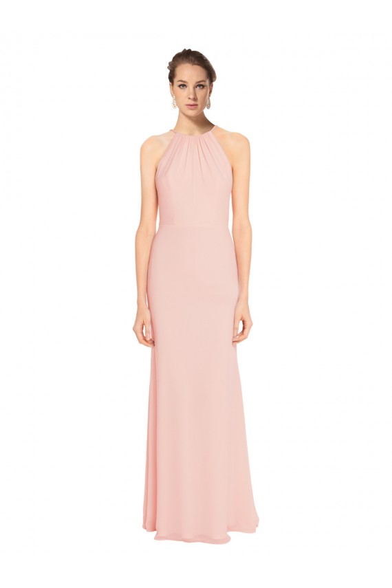 Outlet High Neck Long Chiffon Halter Bridesmaid Dress with Drape Chiffon Overlay UK