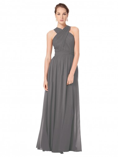 Outlet Long Chiffon Halter Bridesmaid Dress Keyhole Back UK