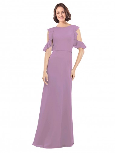 Outlet Long Chiffon Bridesmaids Dress with Flounced Sleeve Detail and Criss Cross Back UK
