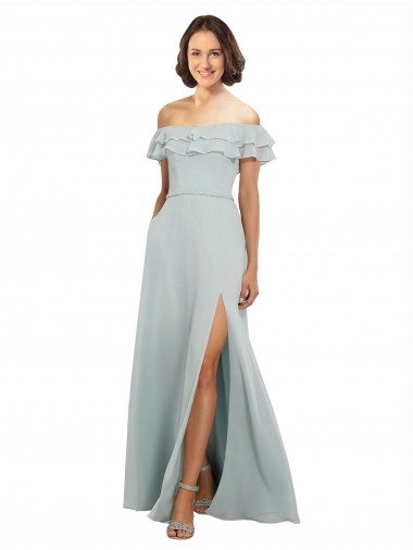 Outlet Luxe Chiffon Bridesmaids Dress with Off the Shoulder Flounced Neckline UK