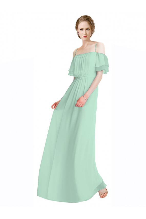 Outlet Spaghetti Straps Long Chiffon Off-The-Shoulder Bridesmaid Dress with Double Flounce Sleeves UK