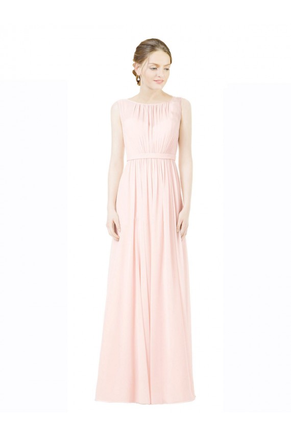 Outlet Long Chiffon Sleeveless Bridesmaid Dress with Sheer Illusion Top and V-Back UK