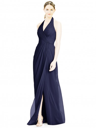 Outlet V-Neck Halter Chiffon Bridesmaid Dress with Side Front Slit UK