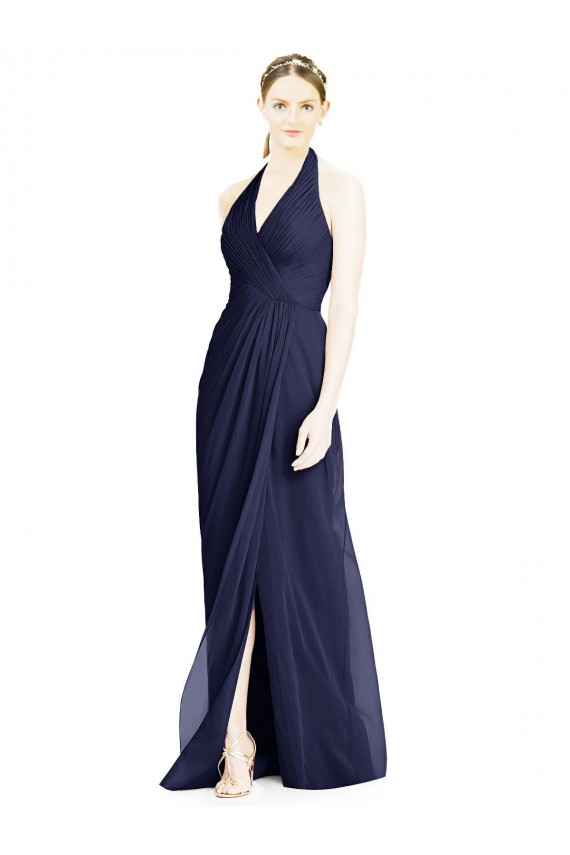 Outlet V-Neck Halter Chiffon Bridesmaid Dress with Side Front Slit UK