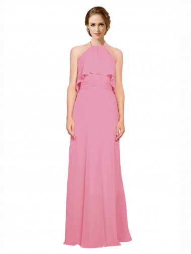 Outlet Ruffle Halter Neck A-Line Chiffon Bridesmaid Dress with Open Back UK
